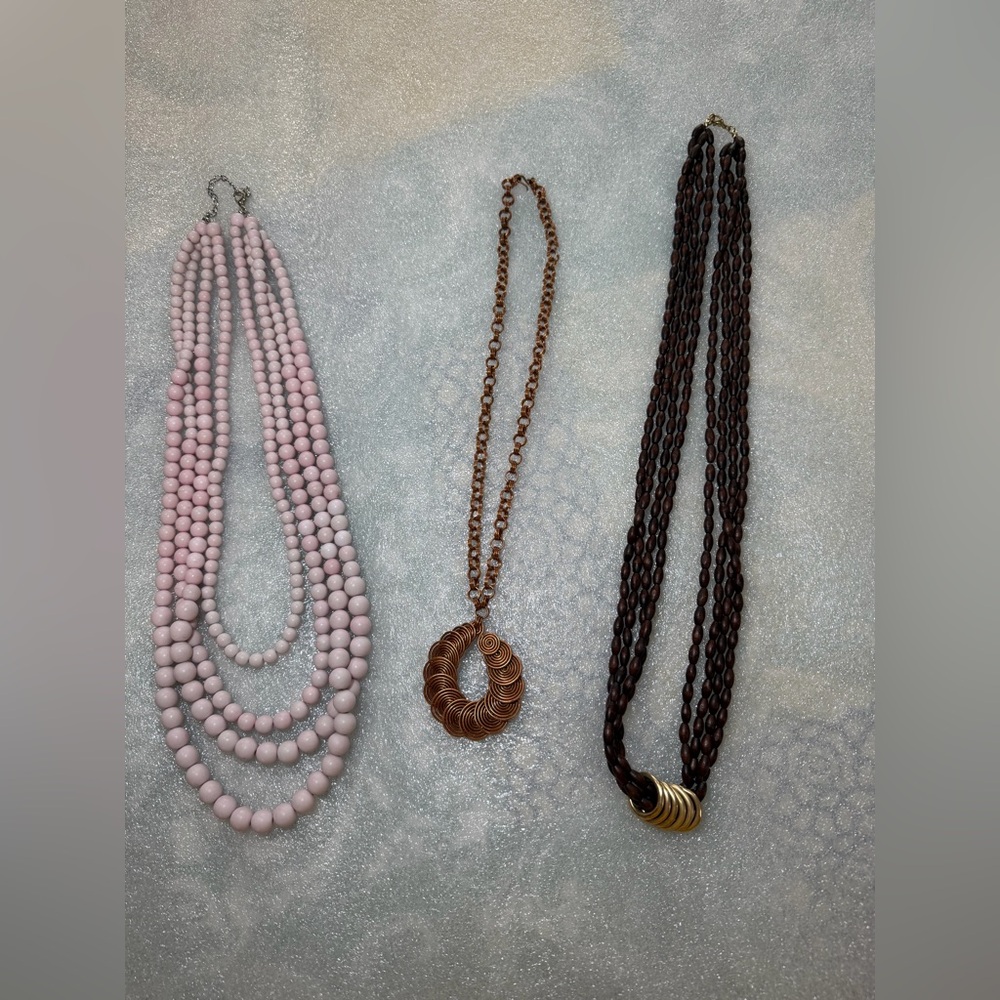 Bundle of Chic Multi-Strand Pink and Brown &brass Necklace Set